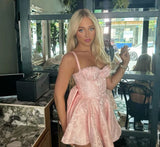 Sweetheart Pink Spaghetti Strap Bow Mini Birthday Party Dress Homecoming Dress HZ1024