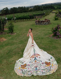 Elegant ivory one shoulder A-line printed trailing wedding dress HZ1024
