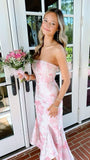 Elegant Pink Printed Strapless Mermaid Long Prom Dress Bridesmaid Dress HZ1024
