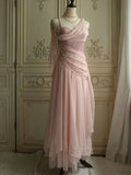 Vintage Pink Strap Pearl Long Prom Dress Evening Dress HZ1024