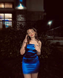 Simple Strapless Off-the-shoulder Sapphire Blue Satin Bodycon Mini Party Dress Homecoming Dress HZ1024