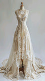Vintage Round Neck Sleeveless Lace High-Low Train Wedding Dress HZ1024