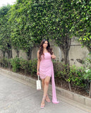 Sweetheart Pink Strapless Sleeveless Bodycon Mermaid Short Party Dress Homecoming Dress HZ1024