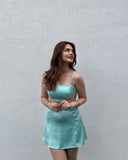 Chic Green Spaghetti Strap Waist Cutout Satin Backless Short Party Dress Homecoming Dress HZ1024