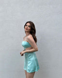 Chic Green Spaghetti Strap Waist Cutout Satin Backless Short Party Dress Homecoming Dress HZ1024
