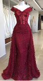 Sexy Red Off Shoulder V Neck Beaded Mermaid Long Ball Gown Evening Dress HZ1024