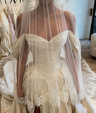 Elegant Ivory Satin Sweetheart Off-the-shoulder Design A-Line Floor-length Wedding Dress HZ1024