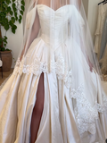 Elegant Ivory Satin Sweetheart Off-the-shoulder Design A-Line Floor-length Wedding Dress HZ1024