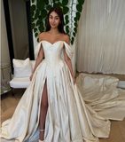 Elegant Ivory Satin Sweetheart Off-the-shoulder Design A-Line Floor-length Wedding Dress HZ1024