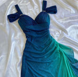 Vintage Shiny Gradient Blue-green Sheath Chiffon Unique Shoulder Strap Design Long Prom Dress Evening Dress HZ1024
