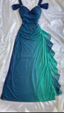 Vintage Shiny Gradient Blue-green Sheath Chiffon Unique Shoulder Strap Design Long Prom Dress Evening Dress HZ1024