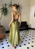 Halterneck Elegant Green Backless Satin A-Line Prom Dress Evening Gown HZ1024