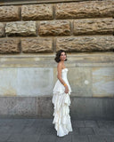 Elegant White Strapless Tiered Ruffle Slit Long Ball Gown Evening Dress HZ1024