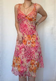 Vintage Pink Printed V Neck Sleeveless Chiffon Prom Dress Evening Dress HZ1024