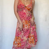 Vintage Pink Printed V Neck Sleeveless Chiffon Prom Dress Evening Dress HZ1024