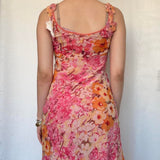 Vintage Pink Printed V Neck Sleeveless Chiffon Prom Dress Evening Dress HZ1024