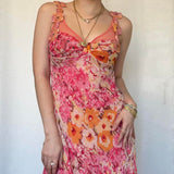 Vintage Pink Printed V Neck Sleeveless Chiffon Prom Dress Evening Dress HZ1024