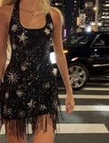 Shiny Black Sleeveless Star Sequined Tassel Mini Party Dress Homecoming Dress HZ1024