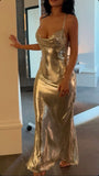 Shiny Gold Spaghetti Strap Sleeveless Low Cut Backless Mermaid Long Prom Dress Evening Dress HZ1024