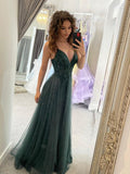 Sexy Green Spaghetti Strap V Neck A-Line Tulle Floor Length Prom Dress Evening Dress HZ1024