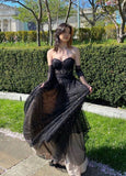 Elegant Black Strapless Sweetheart Neck Tulle Long A-Line Prom Dress Evening Dress HZ1024