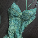Vintage Green V-neck Straps Sleeveless Sequined Lace Irregular Skirt Prom Dress Evening Dress HZ1024