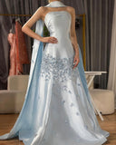 Elegant Blue A-line Strapless Satin Floor Length Formal Prom Dress Evening Dress HZ1024