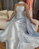 Elegant Blue A-line Strapless Satin Floor Length Formal Prom Dress Evening Dress HZ1024