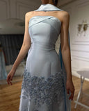 Elegant Blue A-line Strapless Satin Floor Length Formal Prom Dress Evening Dress HZ1024