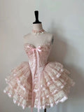 Sweetheart Pink Lace Strapless Sweetheart Neck Tiered A-Line Birthday Party Dress Homecoming Dress HZ1024
