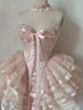 Sweetheart Pink Lace Strapless Sweetheart Neck Tiered A-Line Birthday Party Dress Homecoming Dress HZ1024