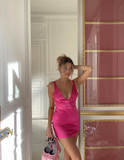 Sexy Bright Pink Sleeveless Deep V Neck Bodycon Mini Birthday Party Dress Homecoming Dress HZ1024