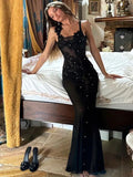 Sexy Black Mermaid Backless Strap Long Ball Gown Evening Dress HZ1024