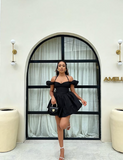 Classic Black Off Shoulder Halter Neck A-Line Mini Party Dress Homecoming Dress HZ1024