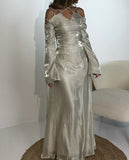 Silver Gray Long Sleeve Off Shoulder A Line Elegant Long Prom Dress Evening Gown HZ1024