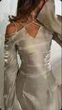 Silver Gray Long Sleeve Off Shoulder A Line Elegant Long Prom Dress Evening Gown HZ1024