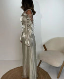 Silver Gray Long Sleeve Off Shoulder A Line Elegant Long Prom Dress Evening Gown HZ1024