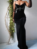 Vintage Black Velvet Spaghetti Strap Backless Mermaid Prom Dress Evening Dress HZ1024
