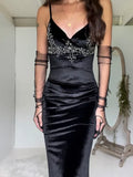 Vintage Black Velvet Spaghetti Strap Backless Mermaid Prom Dress Evening Dress HZ1024