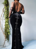 Vintage Black Velvet Spaghetti Strap Backless Mermaid Prom Dress Evening Dress HZ1024