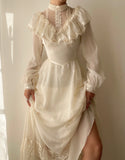 Vintage Ivory High Neck Long Sleeve Lace A-Line Prom Dress Wedding Dress HZ1024
