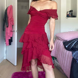 Sexy Burgundy Off-Shoulder Ruffled Irregular Skirt Short Party Dress Homecoming Dress HZ1024
