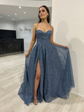 Elegant Blue Straps Sparkling Slit A-Line Formal Long Prom Dress Evening Gown HZ1024
