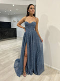 Elegant Blue Straps Sparkling Slit A-Line Formal Long Prom Dress Evening Gown HZ1024