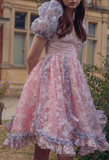 Sweetheart Pink Printed Short Sleeve A-Line Knee Length Birthday Party Dress Homecoming Dress HZ1024