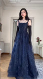 Elegant A-Line Navy Strap Lace Long Prom Dress Evening Gown HZ1024