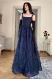 Elegant A-Line Navy Strap Lace Long Prom Dress Evening Gown HZ1024
