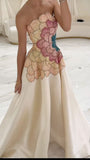 Elegant A-Line Strapless Beaded Satin Long Formal Prom Dress Evening Gown HZ1024