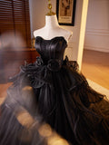 Formal Evening Gown Black Off Shoulder Sleeveless A Line Tulle Floor Length Evening Gown Prom Dress HZ1024