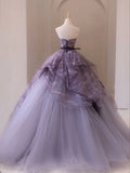 Dreamy Purple A-line Strapless Tulle Long Prom Dress Princess Dress HZ1024